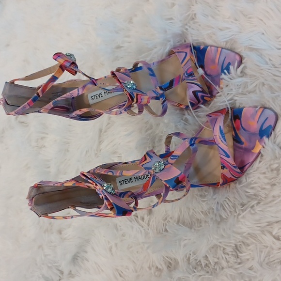 Steve Madden Retro Print Sinclair Satin Rhinestone Strappy Dress Sandals - Picture 8 of 16